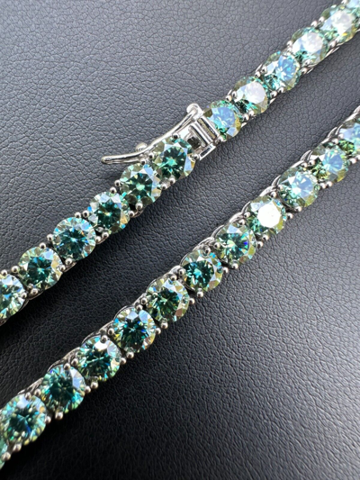 Pre-owned Silver Blue Green Moissanite 5mm Tennis Chain 925  Iced Necklace Pass Tester