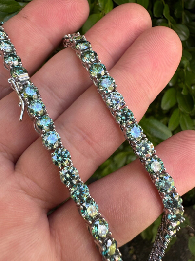 Pre-owned Silver Blue Green Moissanite 5mm Tennis Chain 925  Iced Necklace Pass Tester