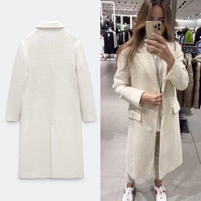 Pre-owned Zara Woman Ss23 Ecru Straight Cut Wool Blend Coat 2223/449 In White