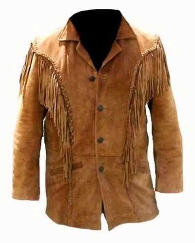 Pre-owned Handmade Mens Old Western Cowboy Brown Suede Leather Fringes Jacket & Pant Jp49