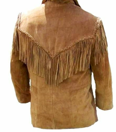 Pre-owned Handmade Mens Old Western Cowboy Brown Suede Leather Fringes Jacket & Pant Jp49