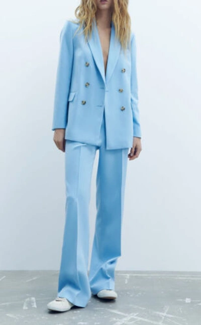 Pre-owned Zara Women Tailored Double Breasted Blazer + Pants Set Sky Blue 3736/044