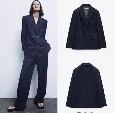 Pre-owned Zara Woman Tailored Double Breasted Blazer 2297/707 Navy Blue