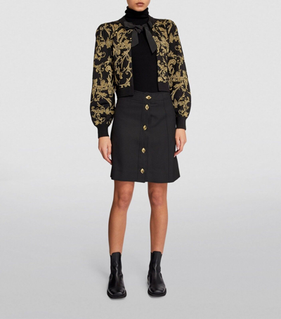 Pre-owned Alice And Olivia Kitty Bow Puff Sleeve Cardigan, Black And Gold - Retail $495