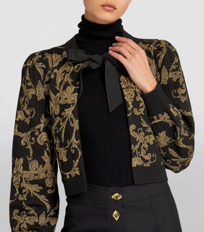 Pre-owned Alice And Olivia Kitty Bow Puff Sleeve Cardigan, Black And Gold - Retail $495