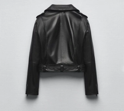 Pre-owned Zara Women 100% Genuine Leather Biker Jacket With Zipper Black 5479/243