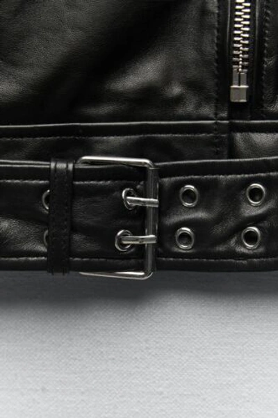Pre-owned Zara Women 100% Genuine Leather Biker Jacket With Zipper Black 5479/243