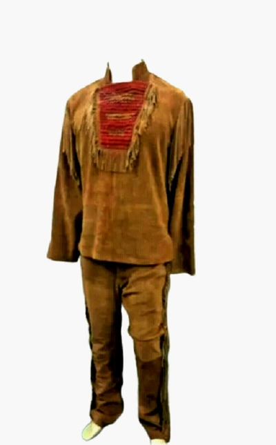 Pre-owned Handmade Mens Old Western Cowboy Cognac Brown Suede Leather Fringes Shirt & Pant Wsp297