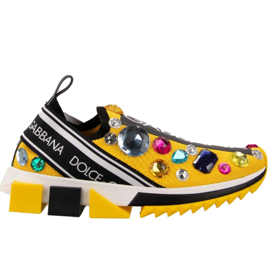 Pre-owned Dolce & Gabbana Crystal Logo Slip-on Sneaker Shoes Sorrento Yellow Black 13078