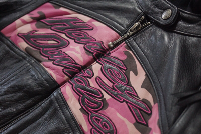 Pre-owned Harley-davidson Harley Davidson Women's Pink Camo Black Leather 3in1 Jacket Hoodie S 97058-11vw