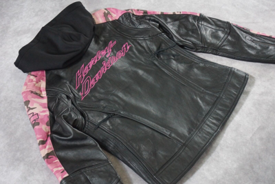 Pre-owned Harley-davidson Harley Davidson Women's Pink Camo Black Leather 3in1 Jacket Hoodie S 97058-11vw