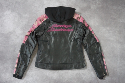 Pre-owned Harley-davidson Harley Davidson Women's Pink Camo Black Leather 3in1 Jacket Hoodie S 97058-11vw