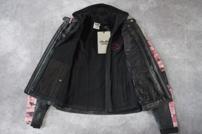 Pre-owned Harley-davidson Harley Davidson Women's Pink Camo Black Leather 3in1 Jacket Hoodie S 97058-11vw