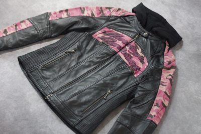 Pre-owned Harley-davidson Harley Davidson Women's Pink Camo Black Leather 3in1 Jacket Hoodie S 97058-11vw