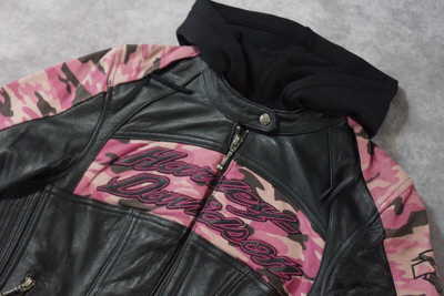 Pre-owned Harley-davidson Harley Davidson Women's Pink Camo Black Leather 3in1 Jacket Hoodie S 97058-11vw
