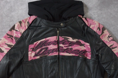 Pre-owned Harley-davidson Harley Davidson Women's Pink Camo Black Leather 3in1 Jacket Hoodie S 97058-11vw