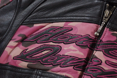 Pre-owned Harley-davidson Harley Davidson Women's Pink Camo Black Leather 3in1 Jacket Hoodie S 97058-11vw