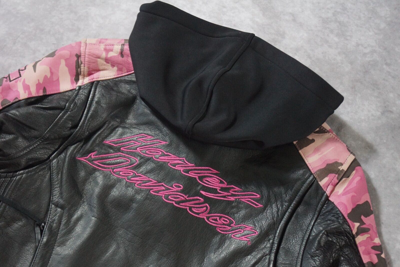 Pre-owned Harley-davidson Harley Davidson Women's Pink Camo Black Leather 3in1 Jacket Hoodie S 97058-11vw