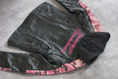 Pre-owned Harley-davidson Harley Davidson Women's Pink Camo Black Leather 3in1 Jacket Hoodie S 97058-11vw