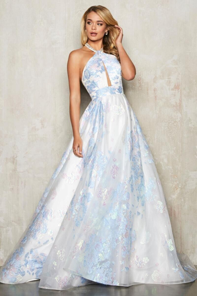 Pre-owned Sherri Hill Alisha Hill By  80123 Sleeveless V Neck Ivory / Blue Gown Size 6