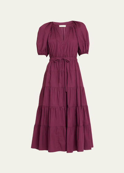 Shop Ulla Johnson Olina Puff-sleeve Tiered Cotton Poplin Midi Dress In Syrah