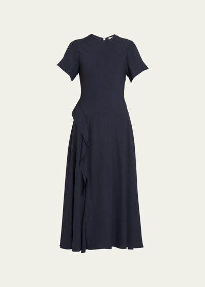 Shop Ulla Johnson Cassia Ruffled Short-sleeve Midi Crepe Dress In Midnight