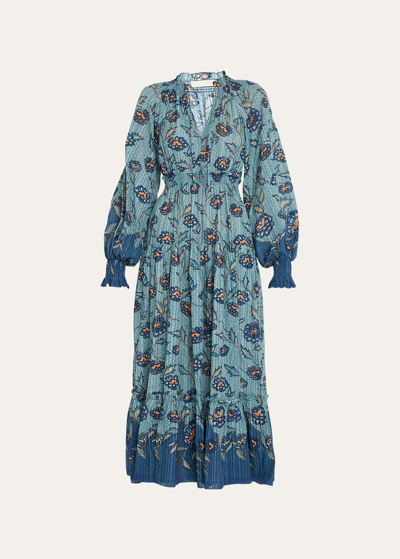 Shop Ulla Johnson Katerina Puff-sleeve Printed Midi Dress In Cornflower