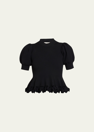Shop Ulla Johnson Esma Short-sleeve Embellished Peplum Sweater In Noir