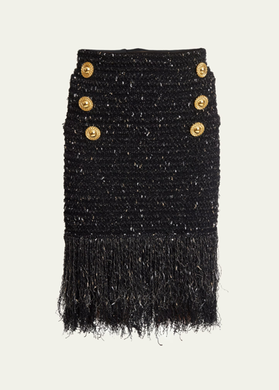 Shop Balmain Fringed Tweed Short Skirt With 6 Buttons In Blackgold