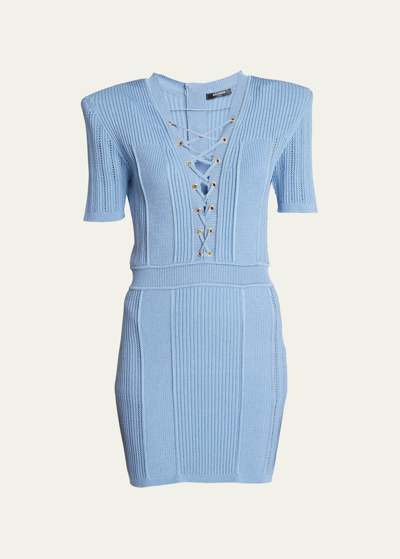 Shop Balmain Lace-up Ribbed Body-con Mini Dress In Pale Blue