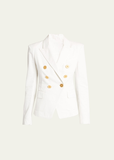 Shop Balmain Double-breasted Denim Fitted Blazer In White