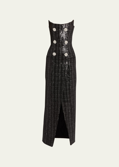 Shop Balmain Sequined Strapless Dress With Jewel Double-breast Buttons In Black
