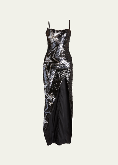 Shop Balmain Long Star Sequin-embroidered Dress In Blackcrystal