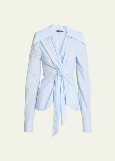 Shop Balmain Mini Vichy Poplin Knotted Shirt In Pale Bluewhite