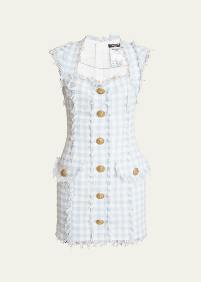 Shop Balmain Plaid Tweed Mini Dress In Pale Bluewhite