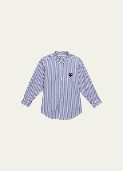 Shop Comme Des Garçons Kid's Play Striped Embroidered Heart Button Down Shirt In Blue