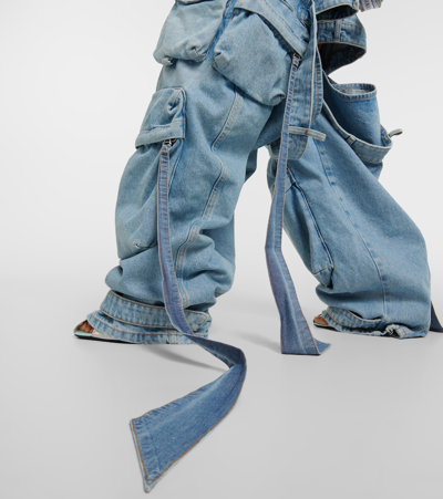 Attico Mid Rise Wide Denim Cargo Jeans In Blue
