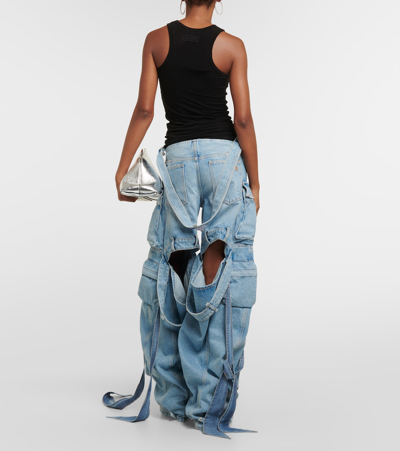 Attico Mid Rise Wide Denim Cargo Jeans In Blue