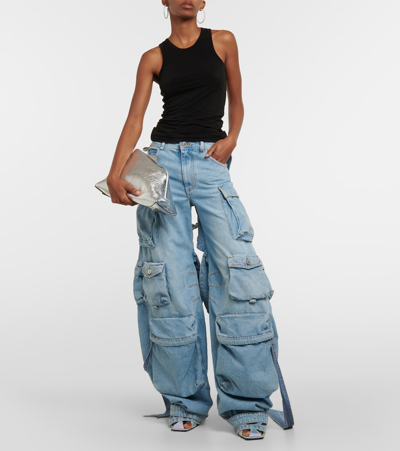 Attico Mid Rise Wide Denim Cargo Jeans In Blue
