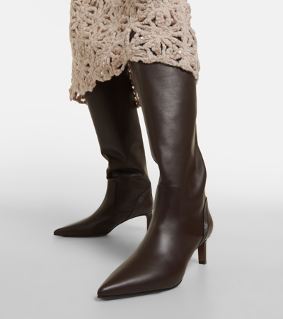 Shop Brunello Cucinelli Embellished Leather Knee-high Boots In Brown