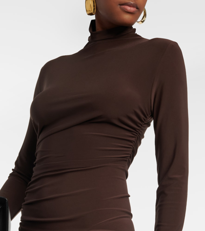 Shop Norma Kamali Asymmetric Turtleneck Midi Dress In Brown