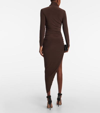 Shop Norma Kamali Asymmetric Turtleneck Midi Dress In Brown