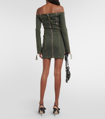 Shop Blumarine Off-shoulder Denim Minidress In Green