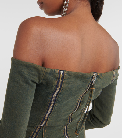 Shop Blumarine Off-shoulder Denim Minidress In Green
