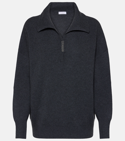 Shop Brunello Cucinelli Ribbed-knit Cashmere Polo Sweater In Black