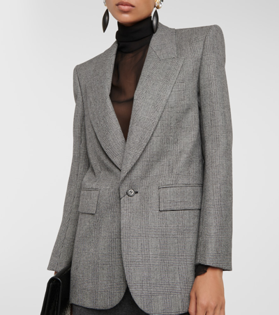 Shop Saint Laurent Checked Single-breasted Wool Blazer In Grey