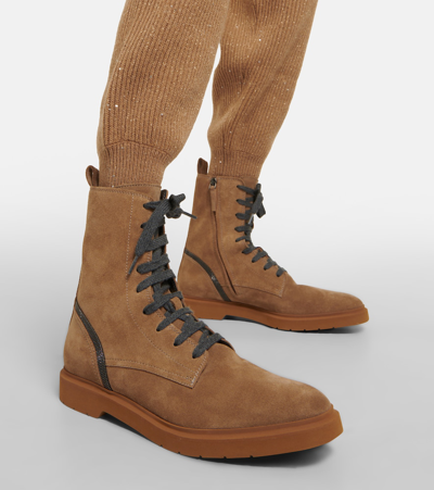 Shop Brunello Cucinelli Embellished Suede Lace-up Boots In Brown
