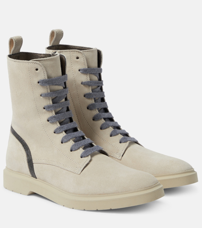 Shop Brunello Cucinelli Embellished Suede Combat Boots In Neutrals