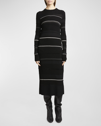 Shop Proenza Schouler Rachel Striped Button-side Rib Midi Sweater Dress In Black Multi