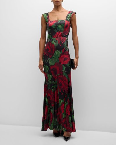 Shop Alice And Olivia Arza Floral-print Godet-pleated Maxi Dress In Cloud Floral Bord